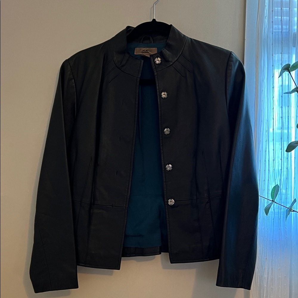 Vintage Women's Black Leather Teal Lined Button Down Jacket Size PM